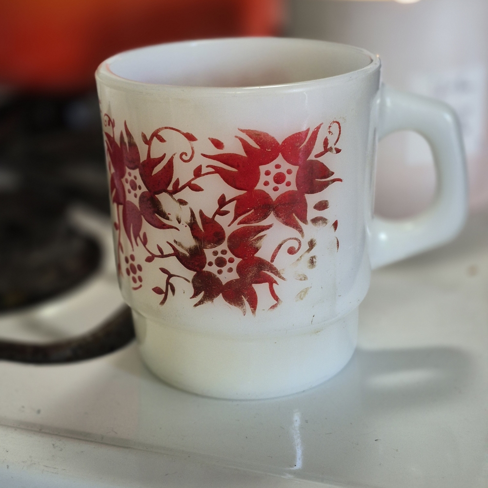 Anchor Hocking  Cup Fire King Red Flower Design Milk Glass Vintage
